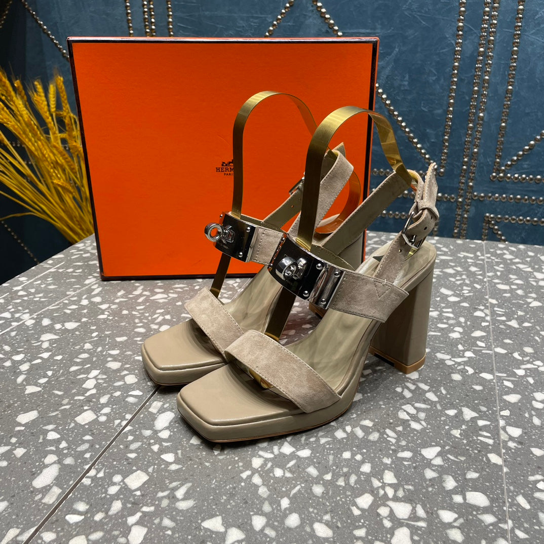 Hermes Ilona Sandal 95 Light Gray Suede