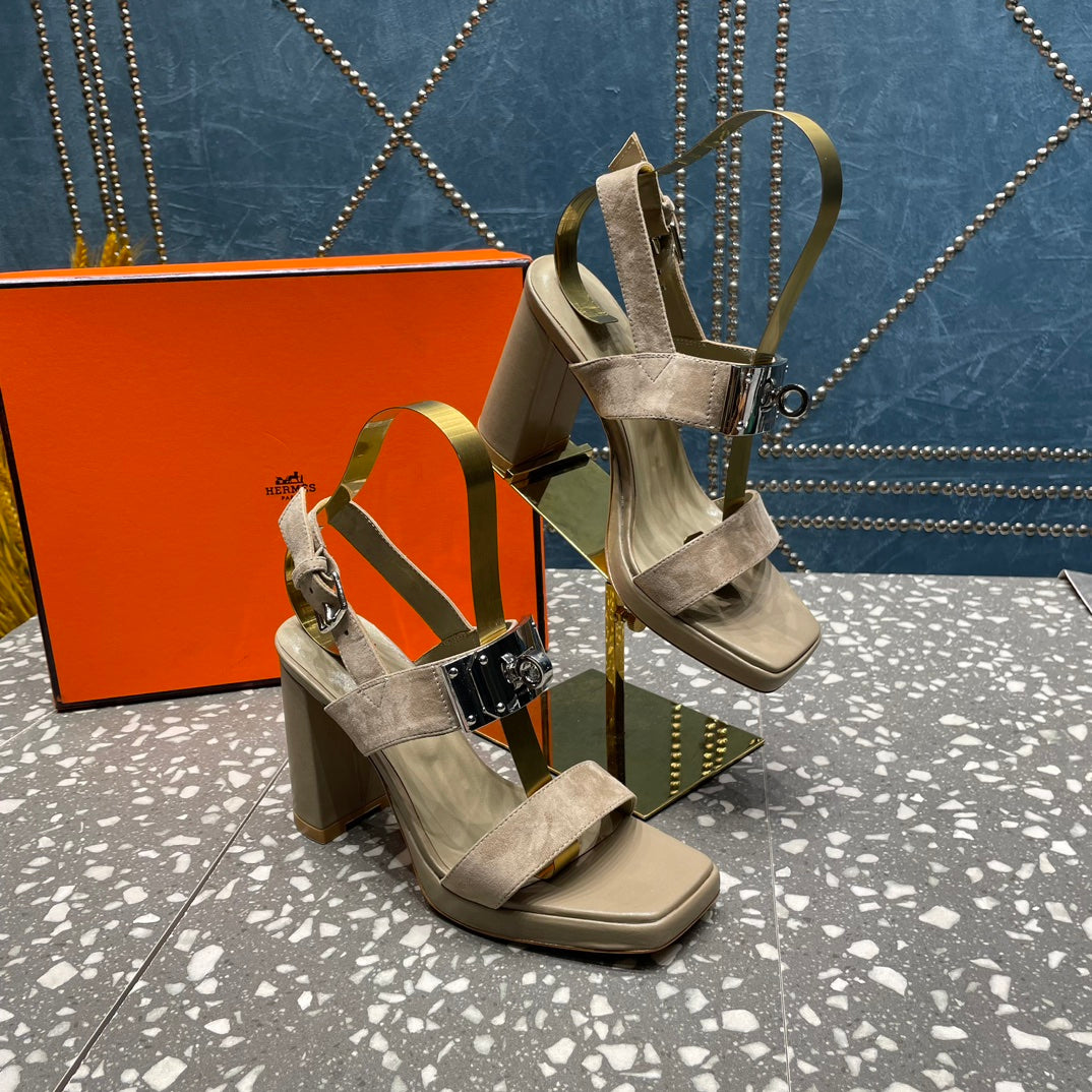 Hermes Ilona Sandal 95 Light Gray Suede