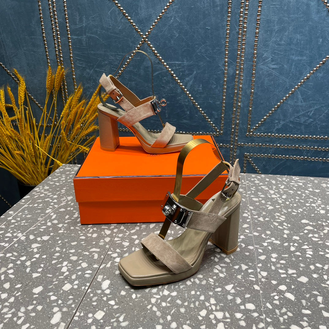 Hermes Ilona Sandal 95 Light Gray Suede