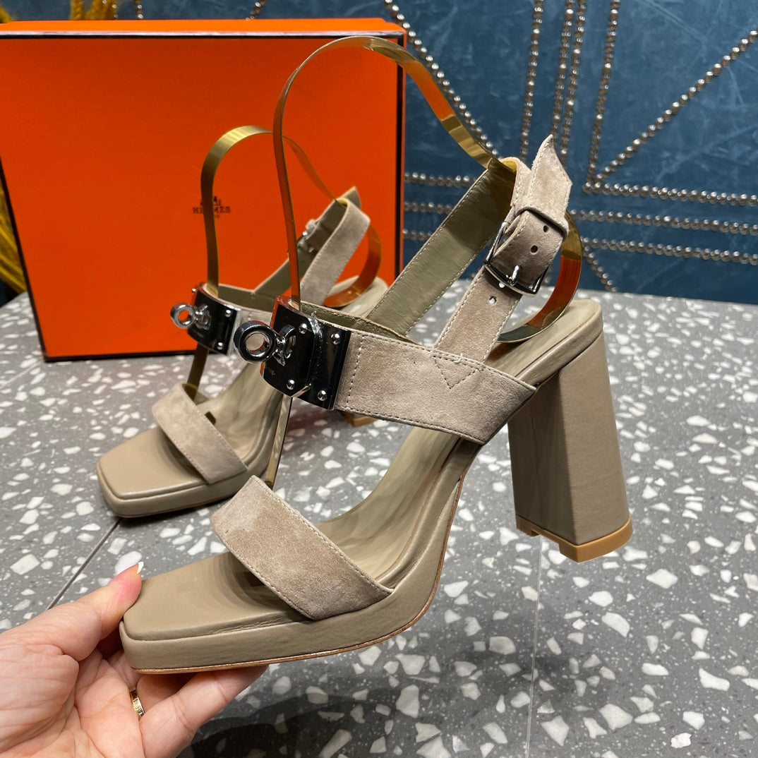 Hermes Ilona Sandal 95 Light Gray Suede