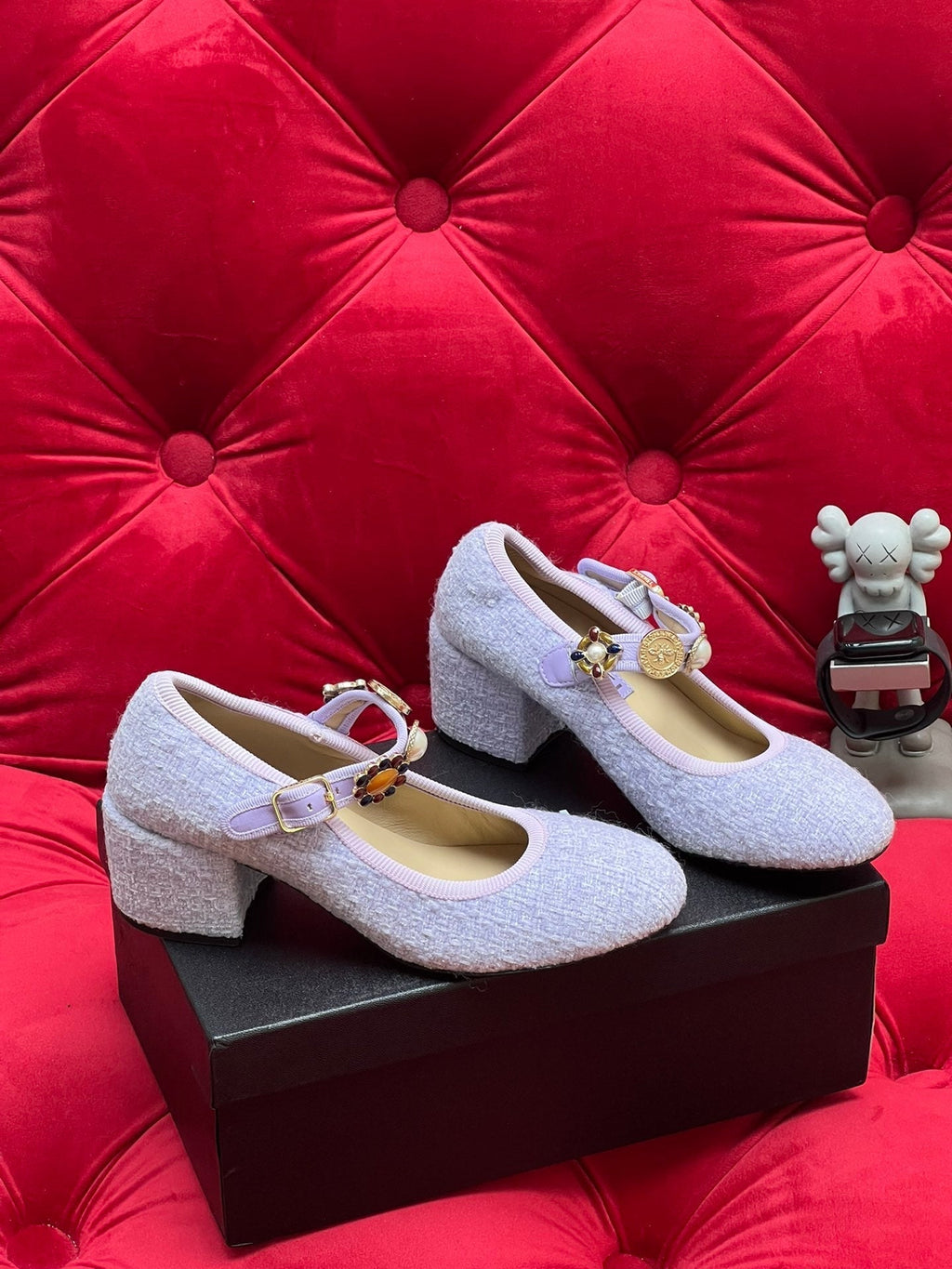 Chanel High Mary Jane Shoes Light Blue Wool Tweed