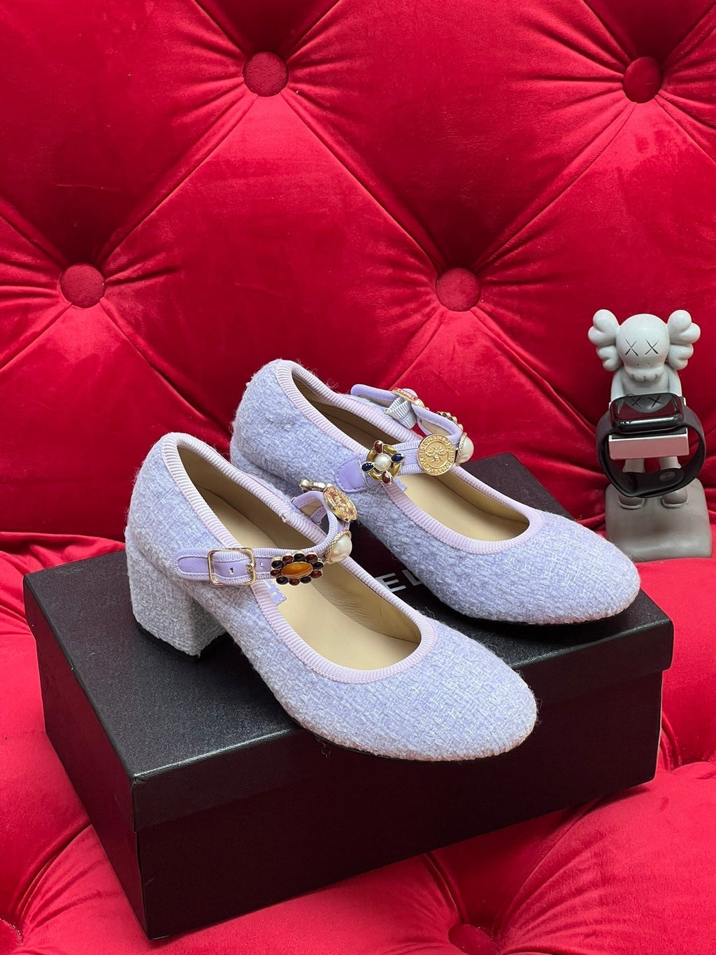 Chanel High Mary Jane Shoes Light Blue Wool Tweed