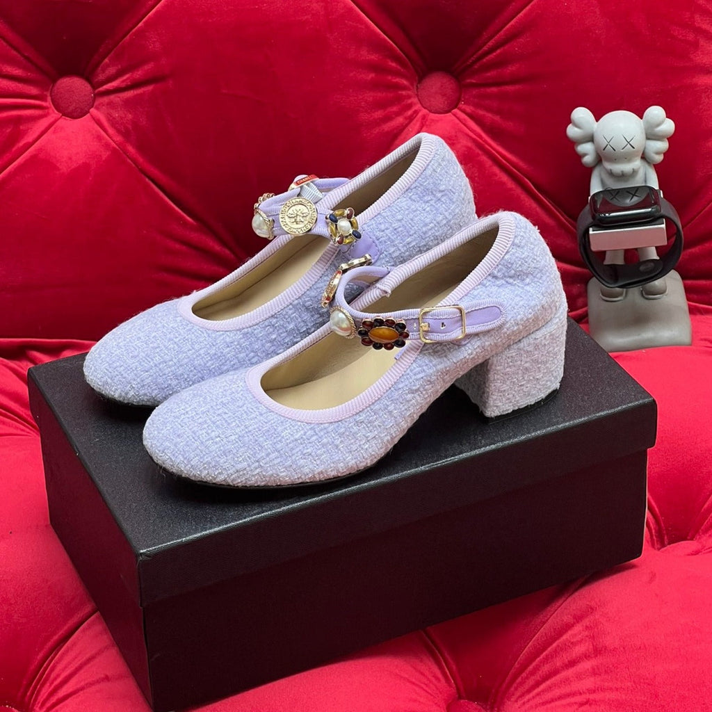 Chanel High Mary Jane Shoes Light Blue Wool Tweed