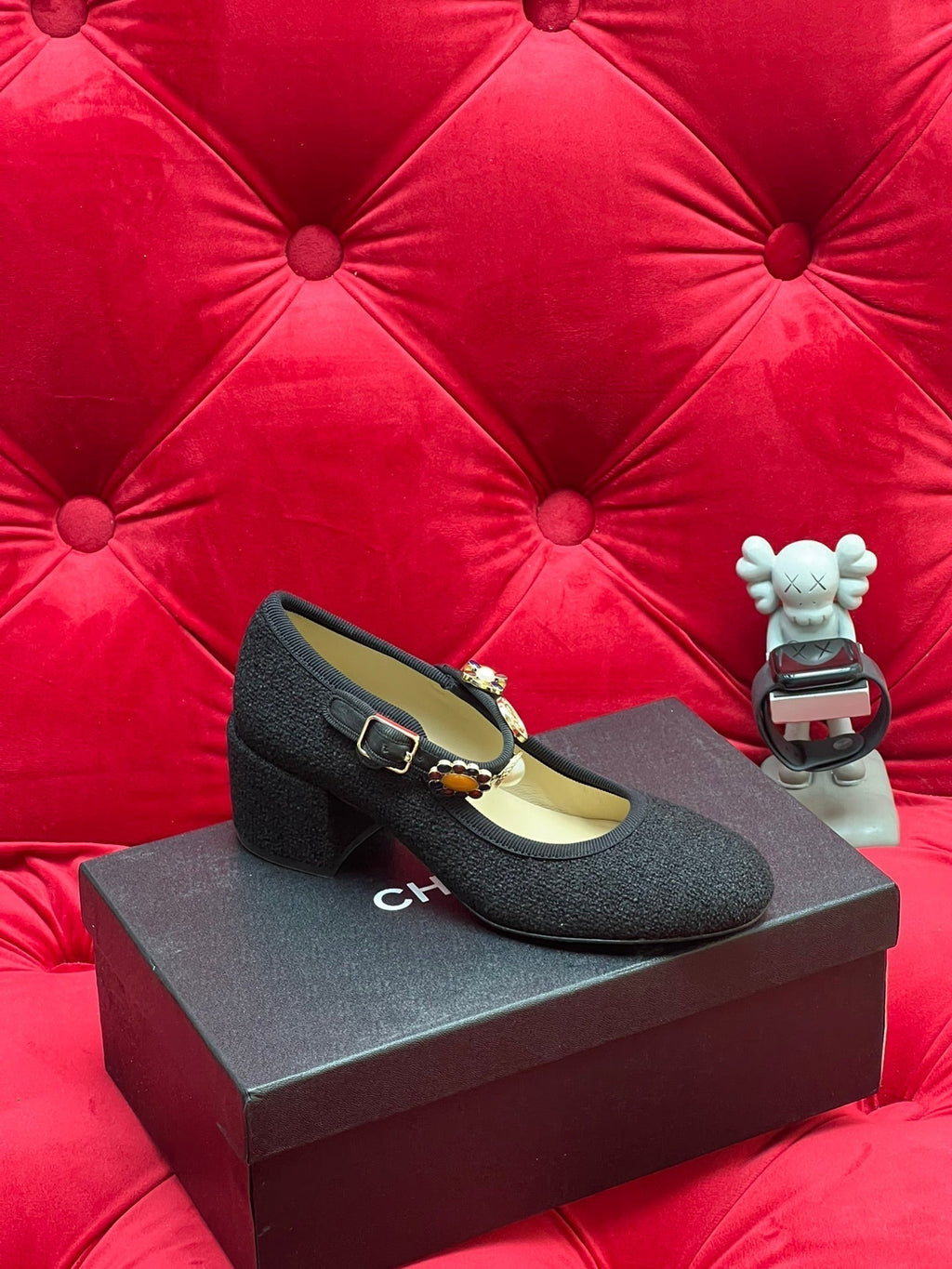 Chanel High Mary Jane Shoes Black Wool Tweed