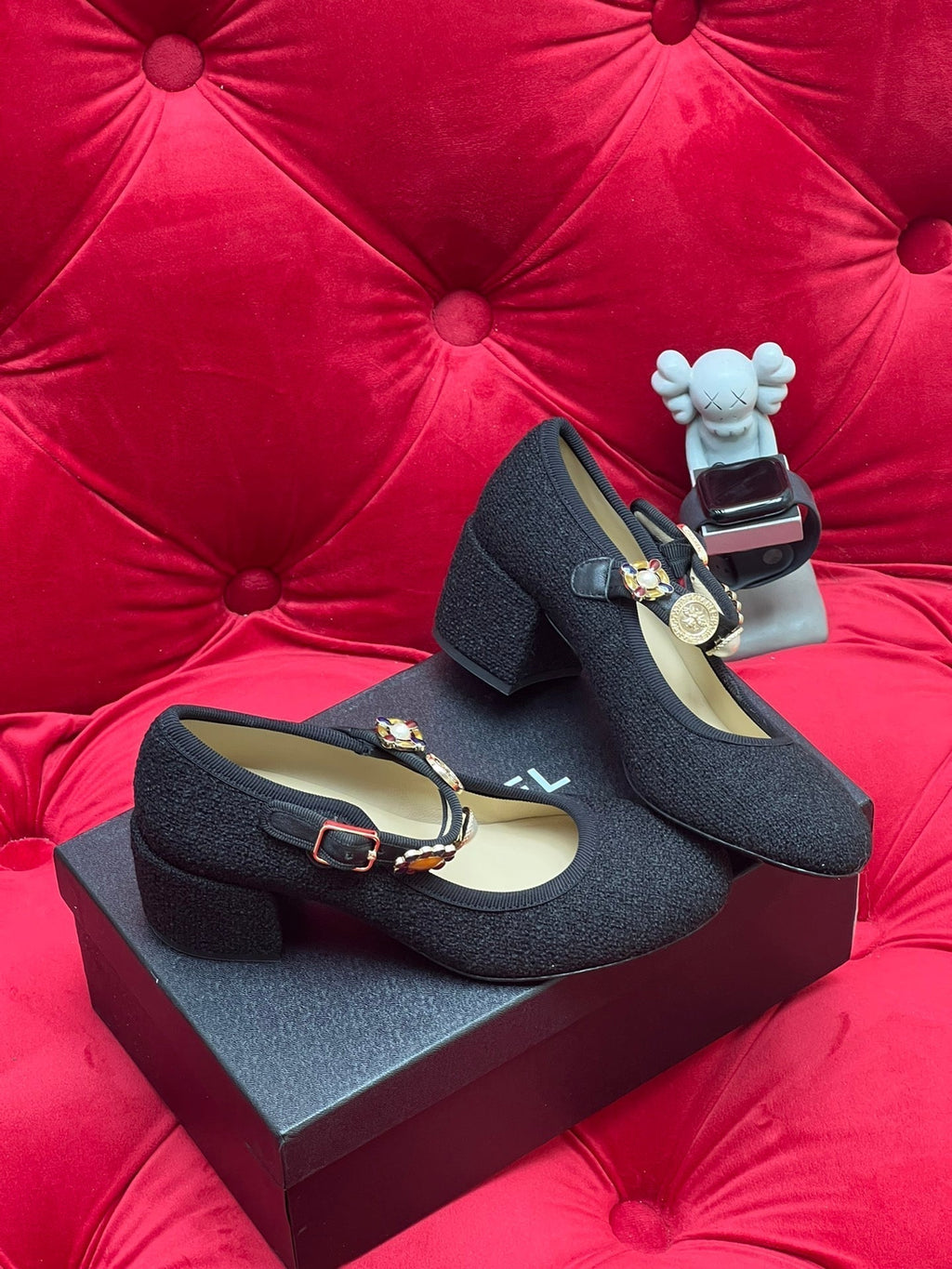 Chanel High Mary Jane Shoes Black Wool Tweed