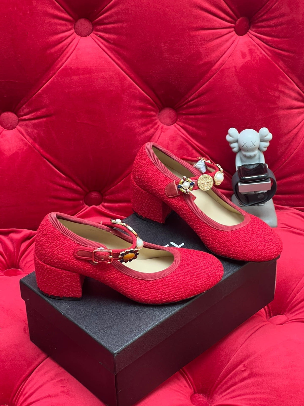 Chanel High Mary Jane Shoes Cherry Red Wool Tweed