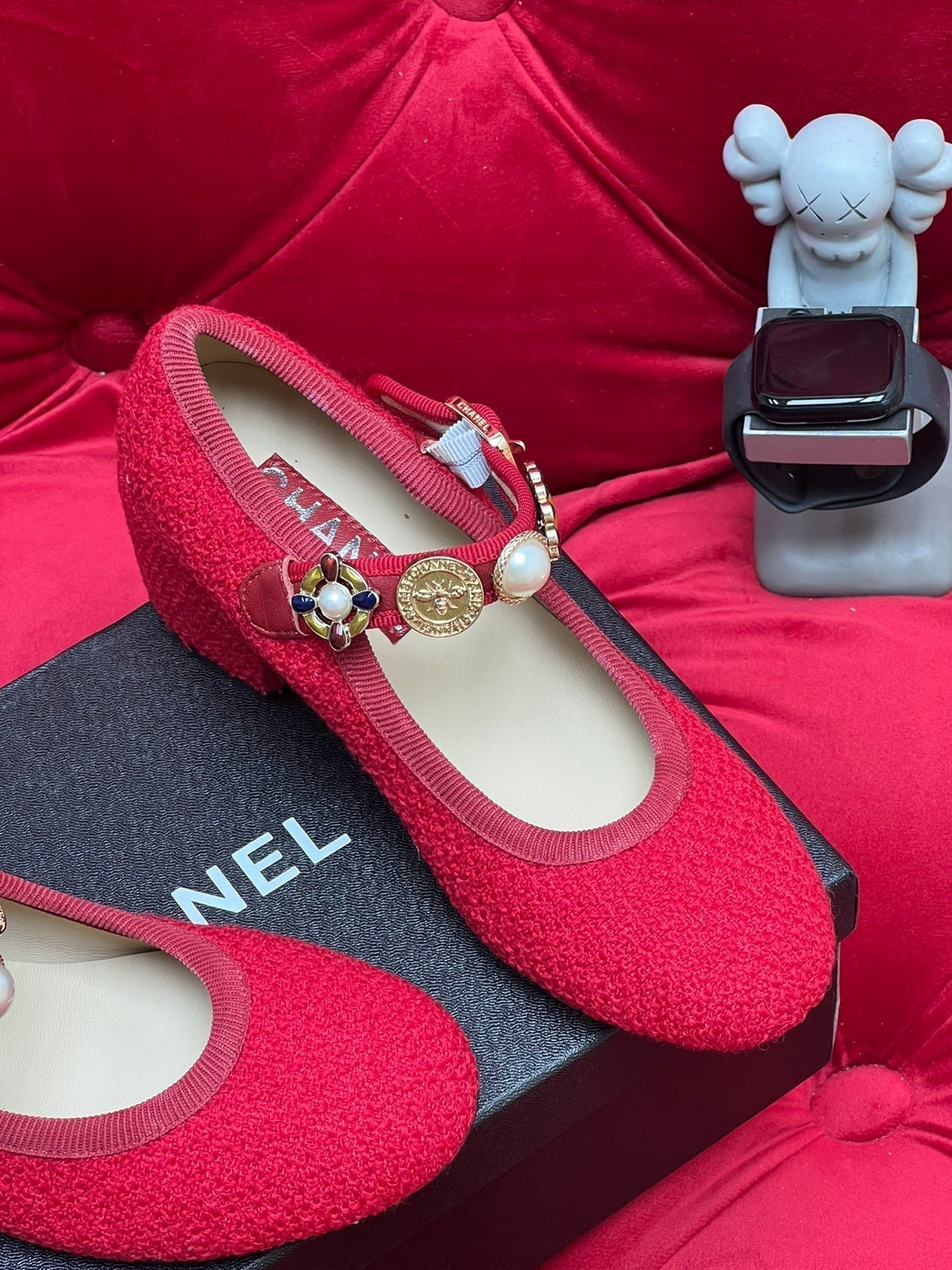 Chanel High Mary Jane Shoes Cherry Red Wool Tweed