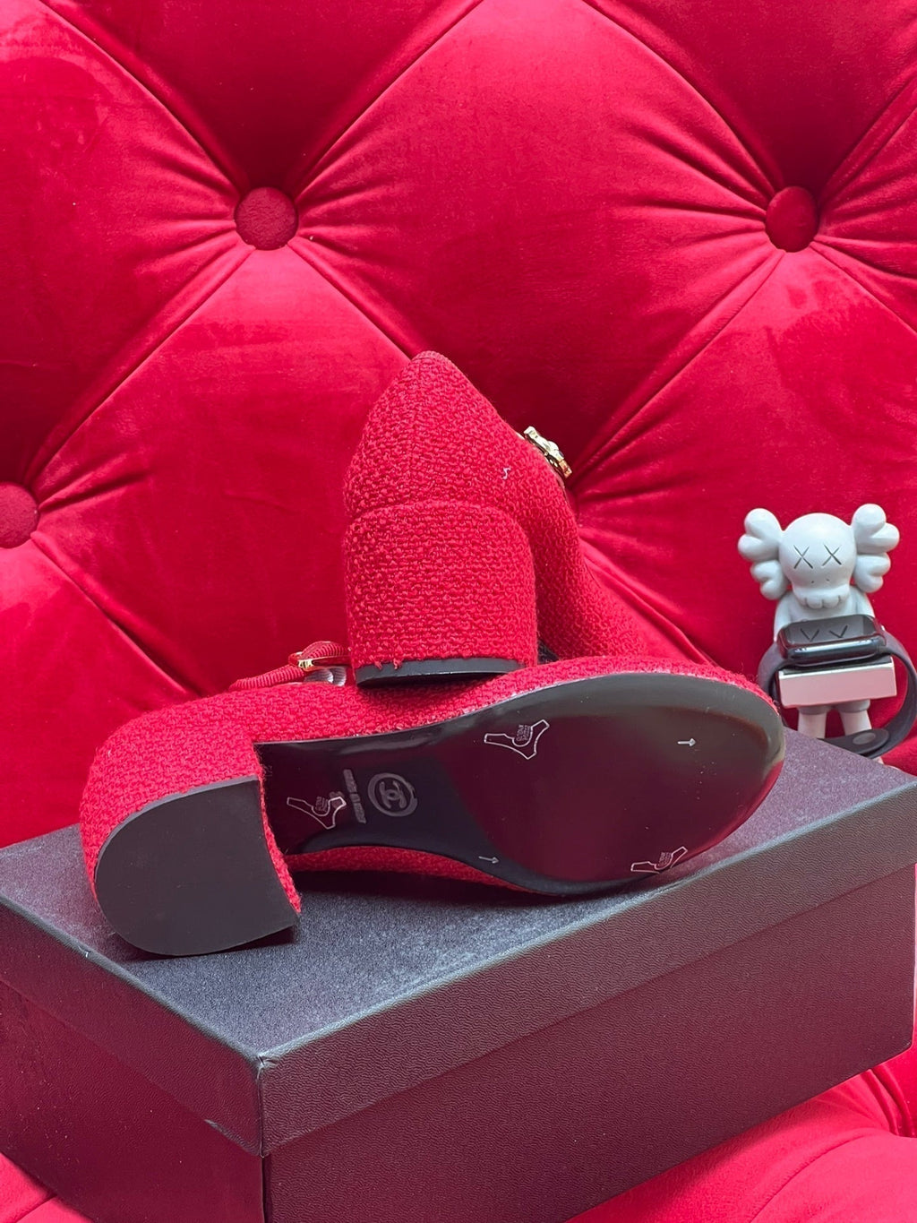 Chanel High Mary Jane Shoes Cherry Red Wool Tweed