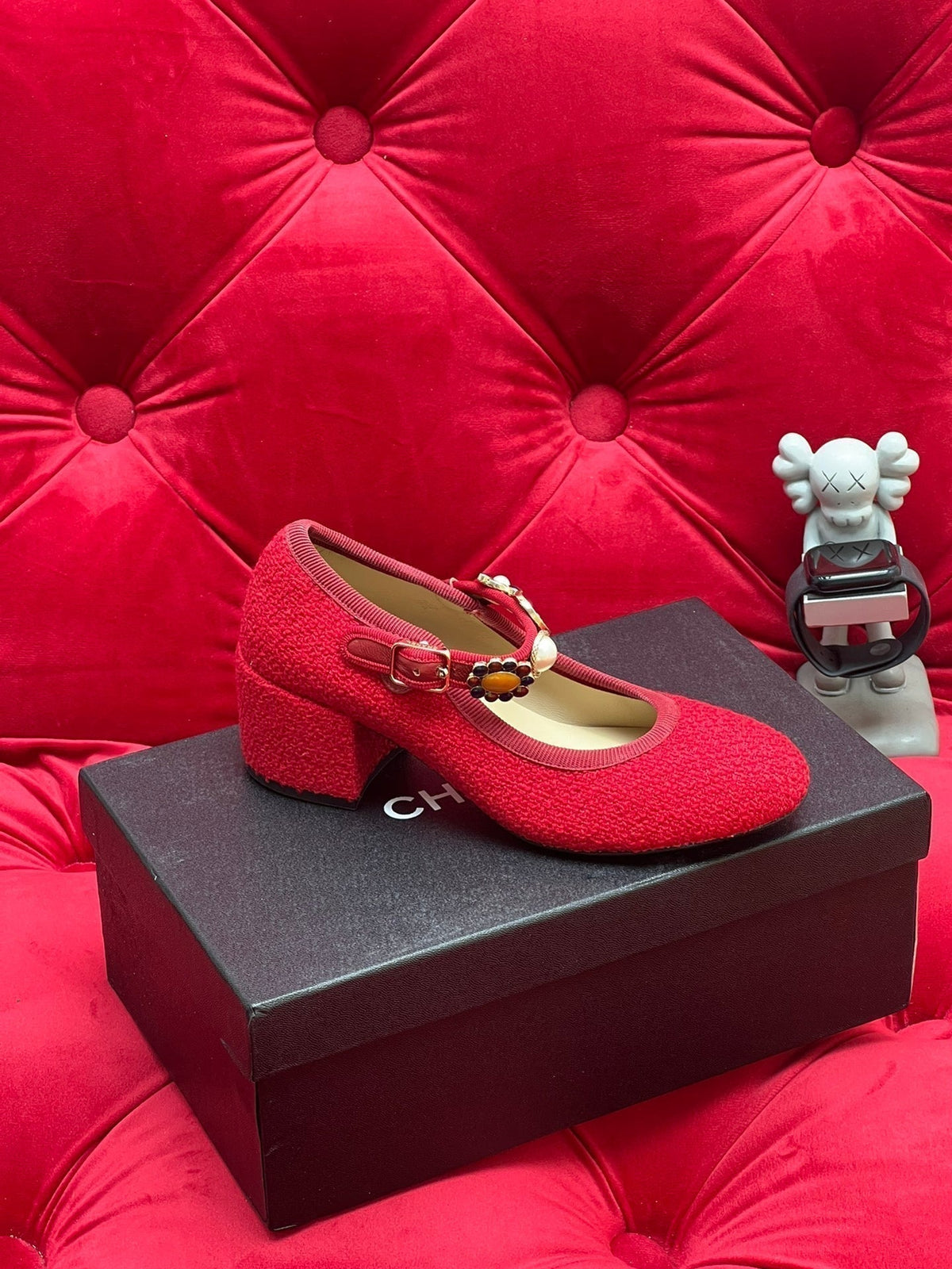Chanel High Mary Jane Shoes Cherry Red Wool Tweed