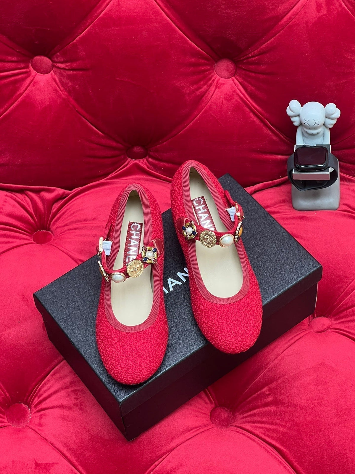 Chanel High Mary Jane Shoes Cherry Red Wool Tweed