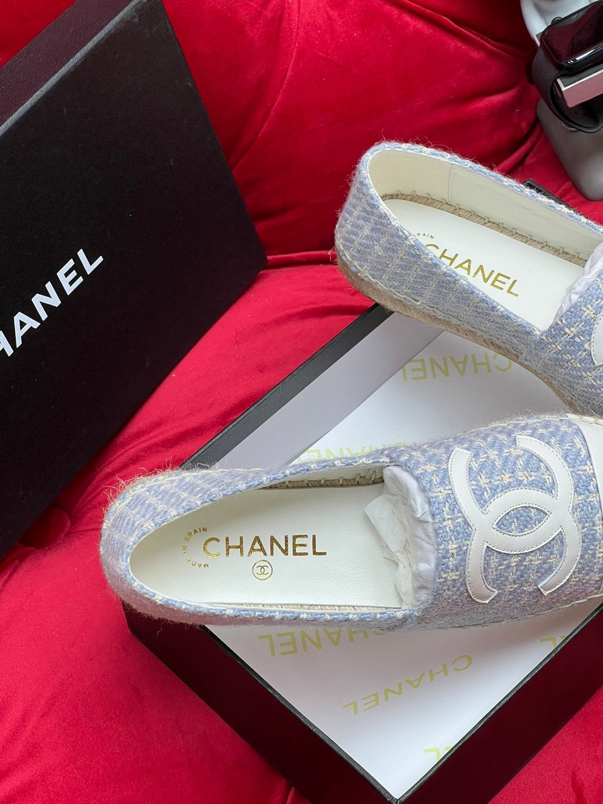 Chanel Woven Loafers in Light Blue Fabric