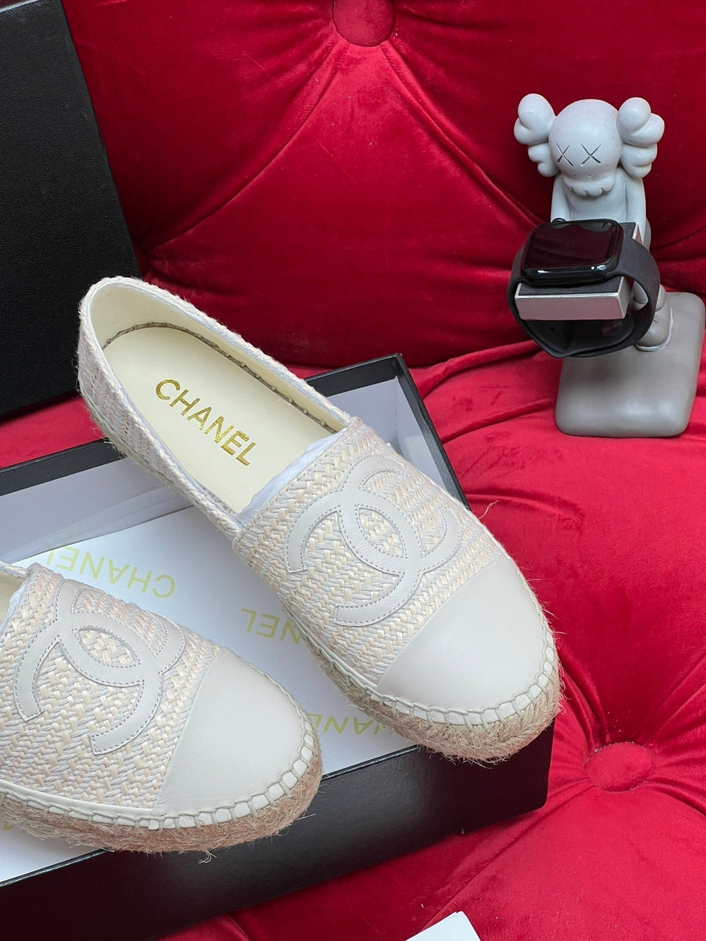 Chanel Woven Loafers in White Beige Fabric