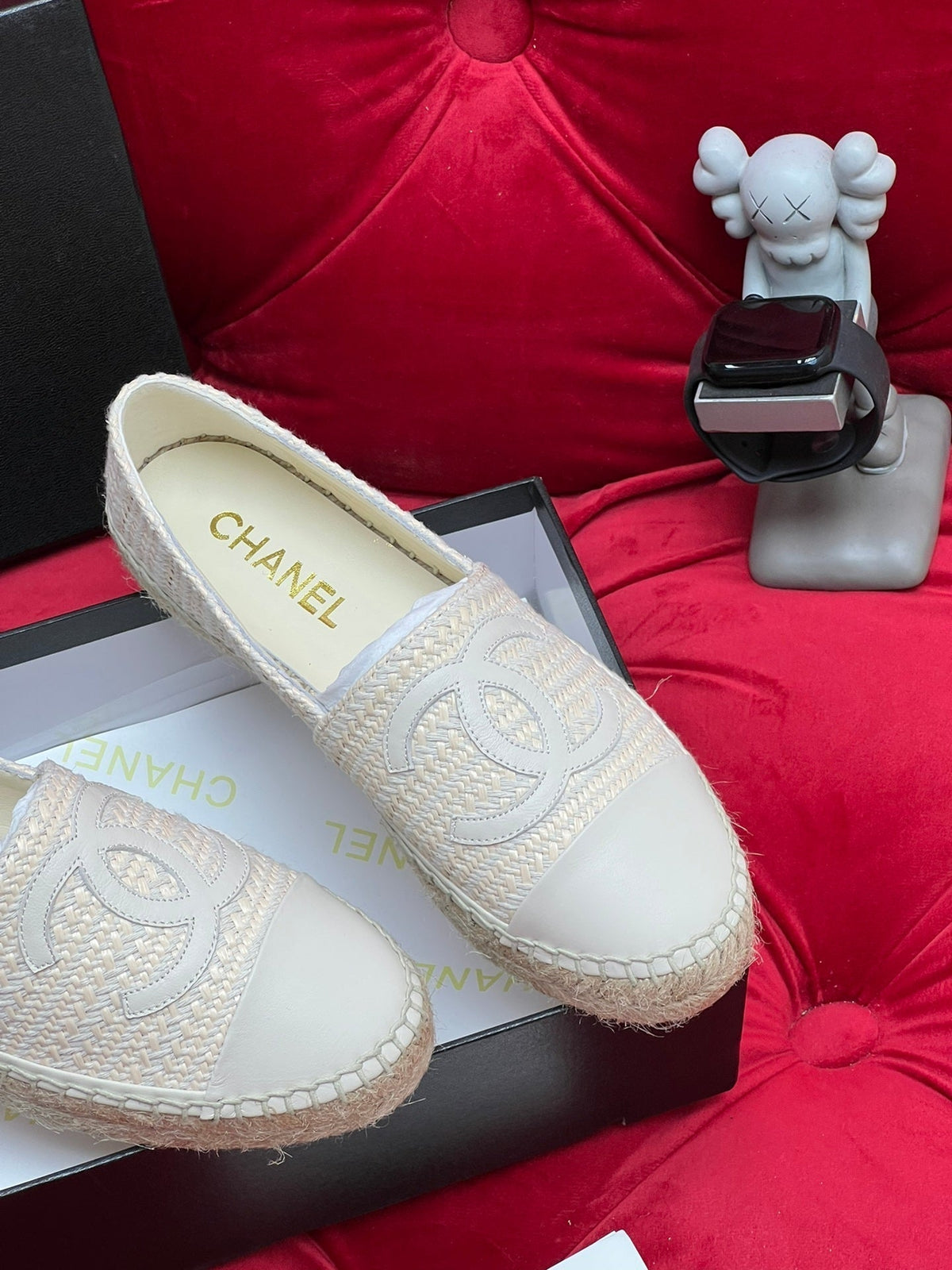 Chanel Woven Loafers in White Beige Fabric