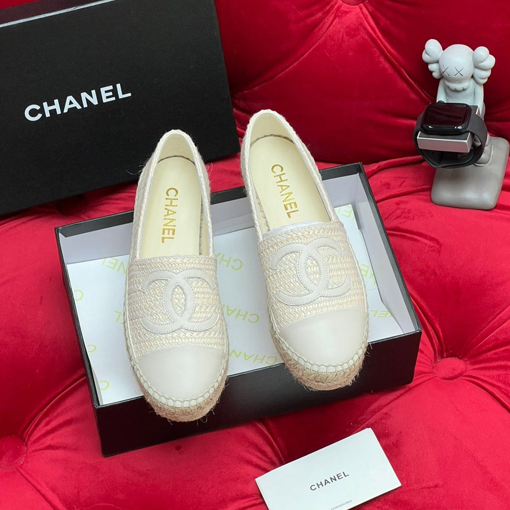 Chanel Woven Loafers in White Beige Fabric