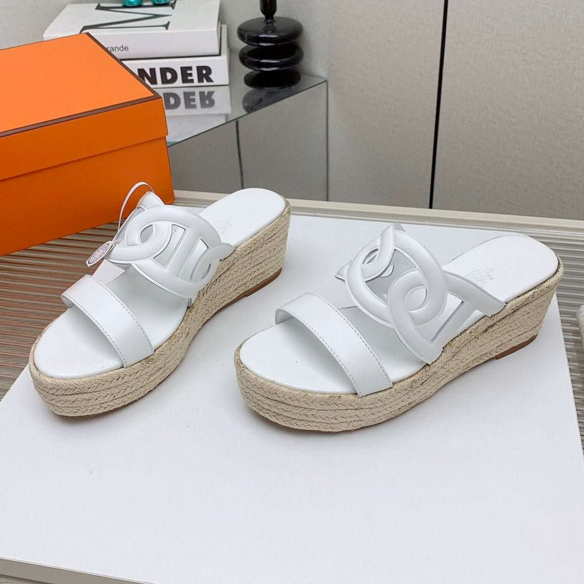 Hermes Ithea 85 mm Espadrille in White Calfskin