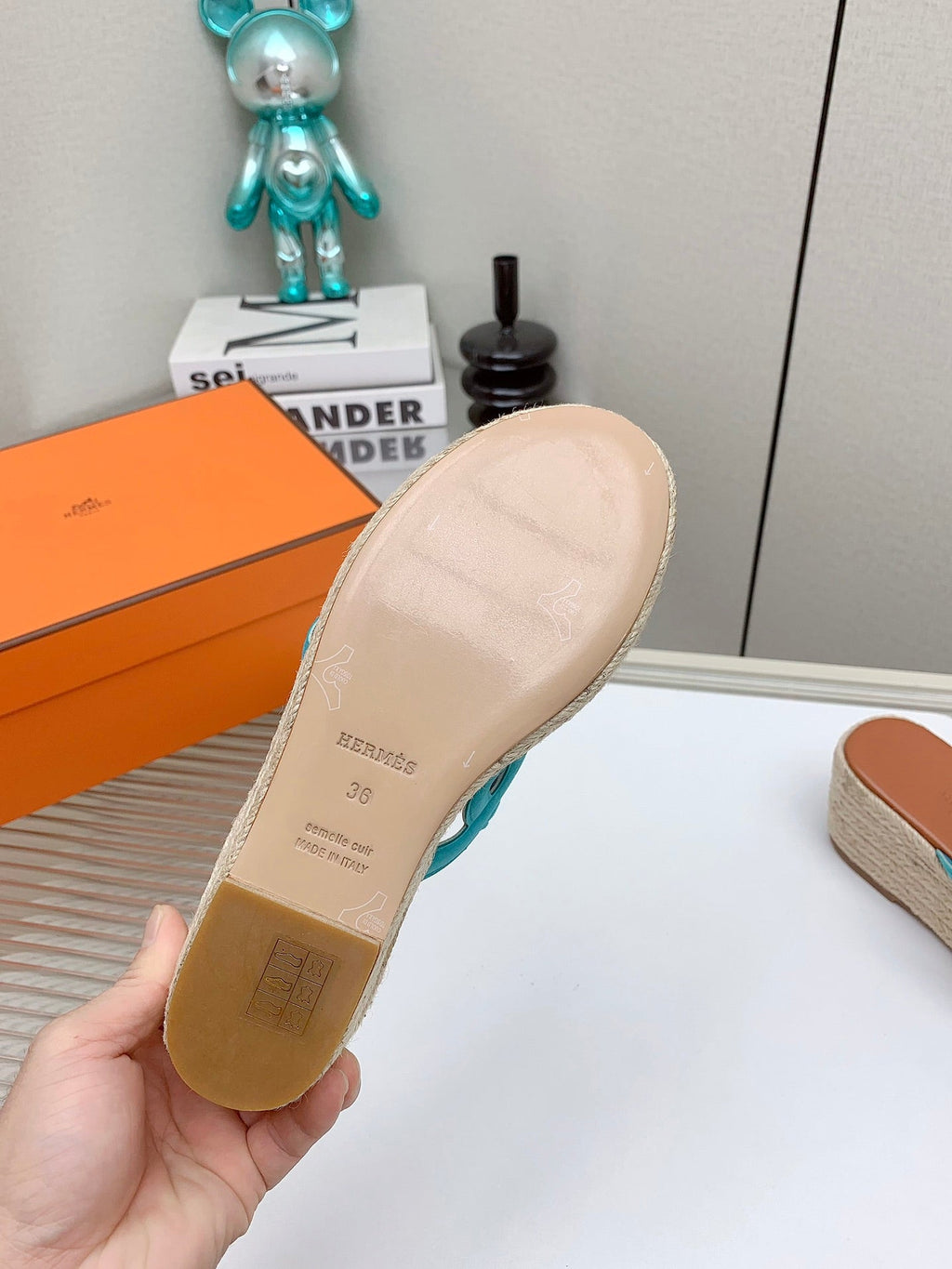 Hermes Ithea 85 mm Espadrille in Bronze Brown and Cerulean Blue Suede