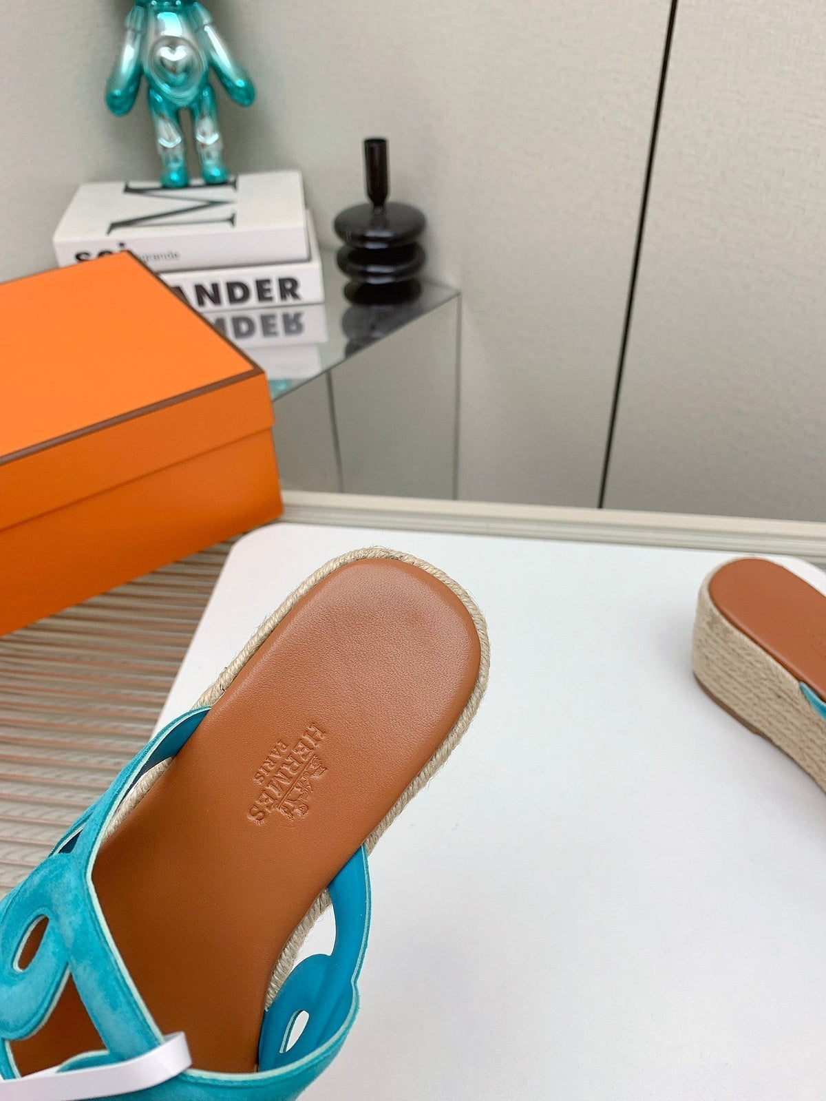 Hermes Ithea 85 mm Espadrille in Bronze Brown and Cerulean Blue Suede