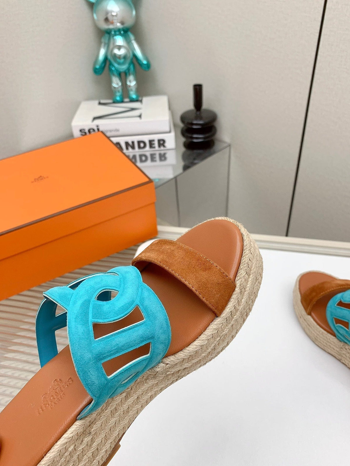 Hermes Ithea 85 mm Espadrille in Bronze Brown and Cerulean Blue Suede