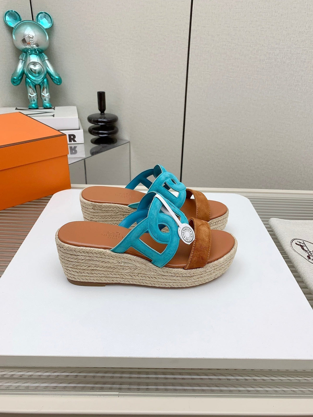 Hermes Ithea 85 mm Espadrille in Bronze Brown and Cerulean Blue Suede