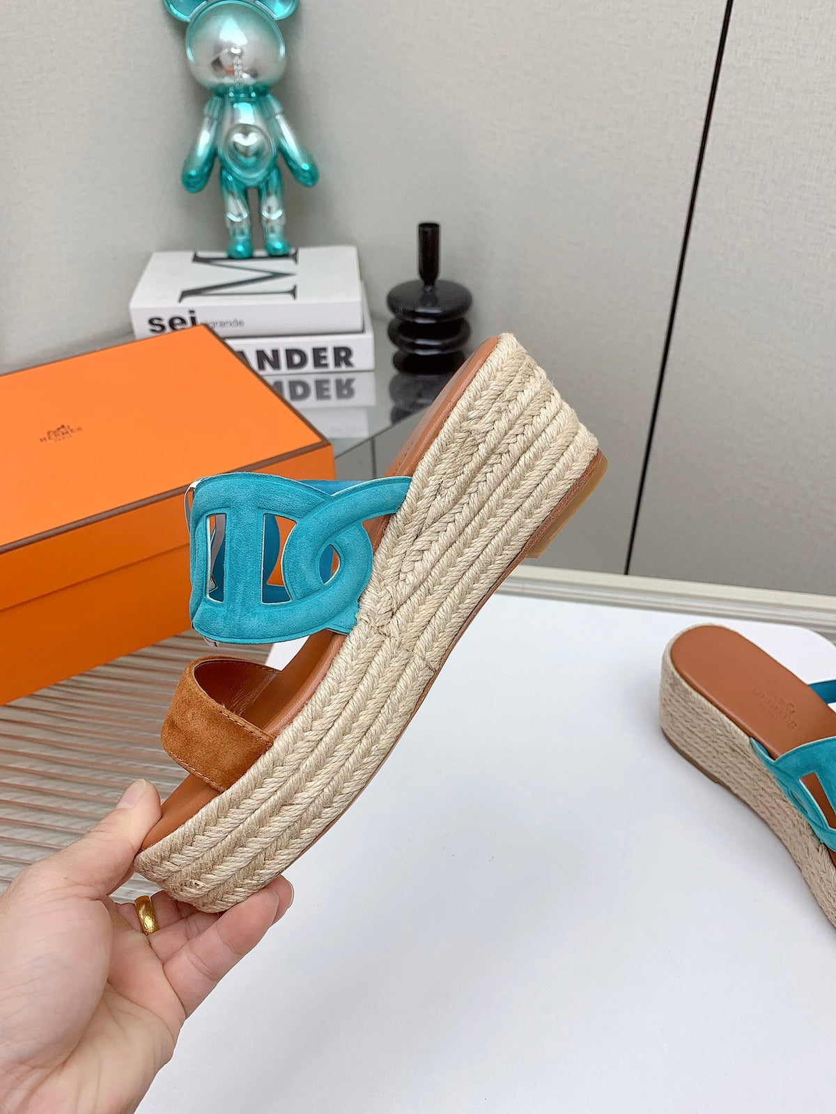 Hermes Ithea 85 mm Espadrille in Bronze Brown and Cerulean Blue Suede