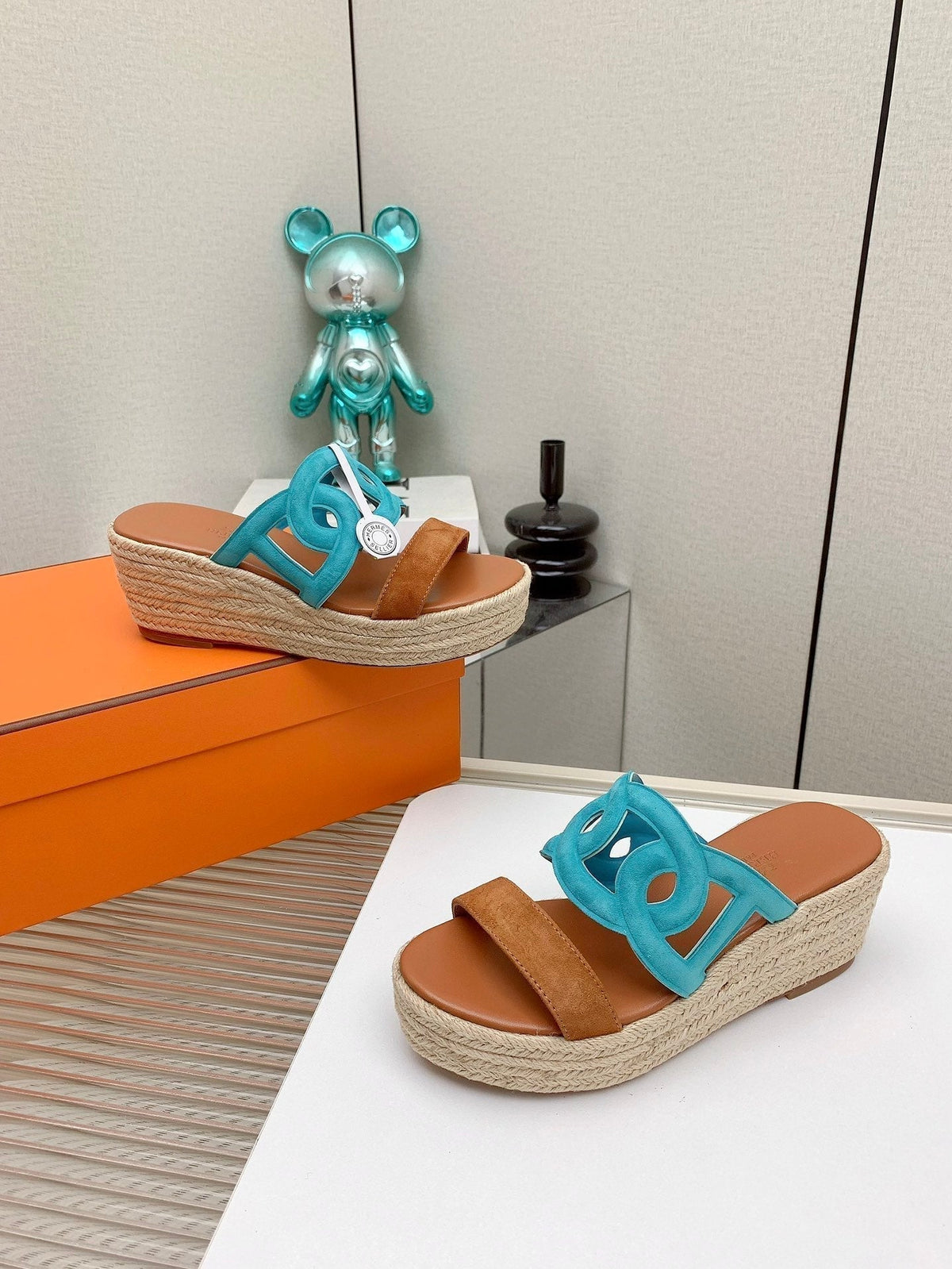Hermes Ithea 85 mm Espadrille in Bronze Brown and Cerulean Blue Suede