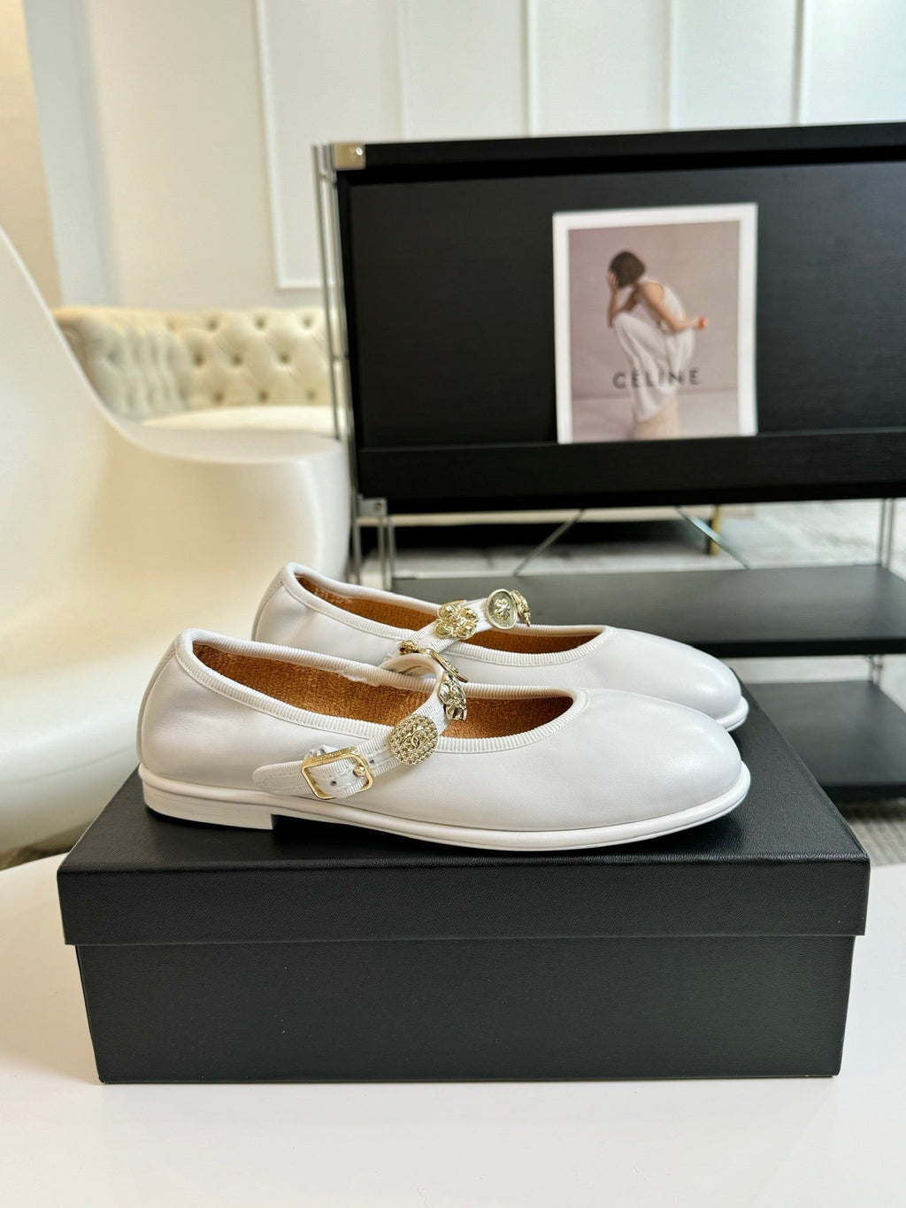 Chanel Mary Jane Shoes White Sheepskin