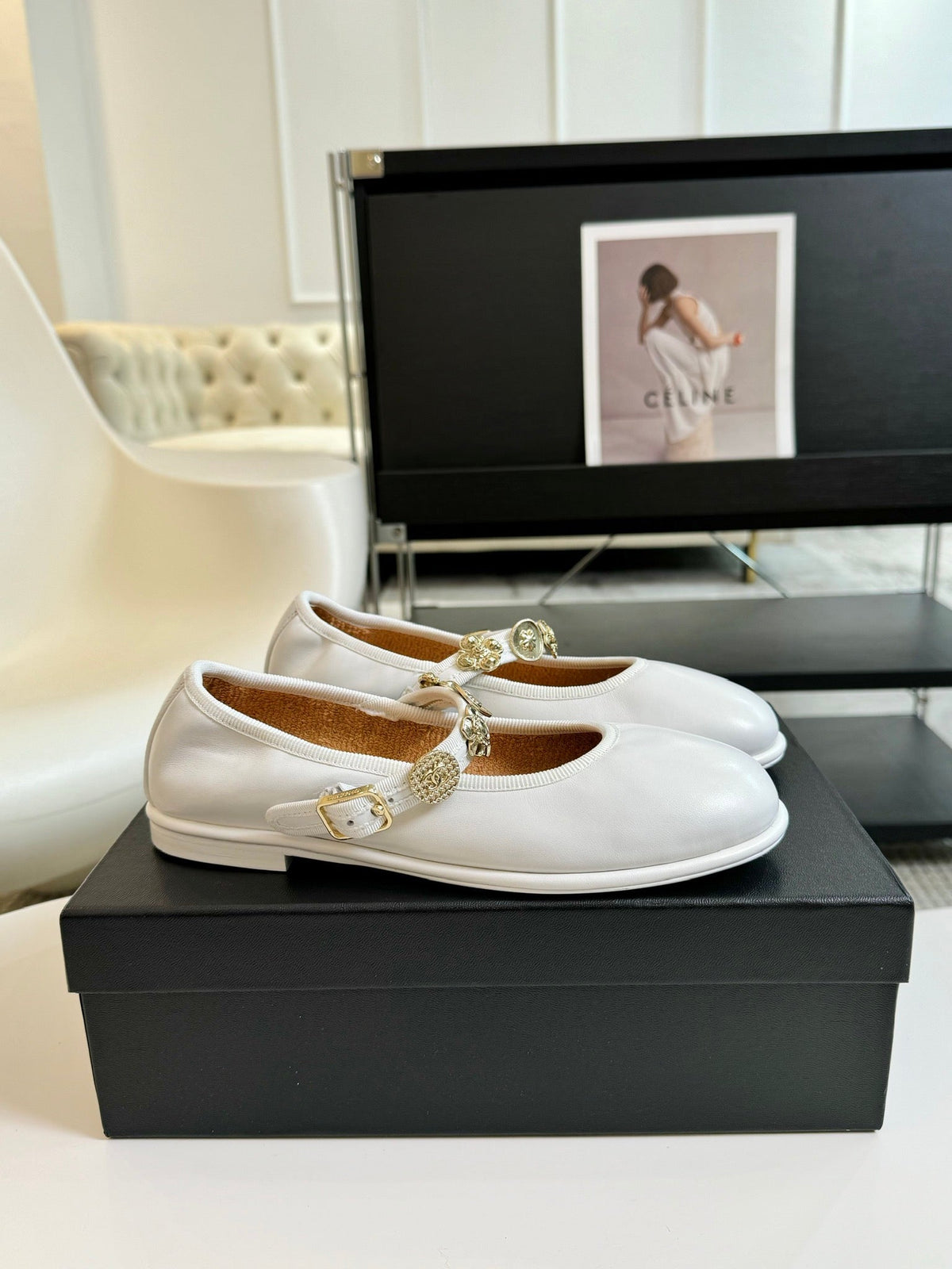 Chanel Mary Jane Shoes White Sheepskin