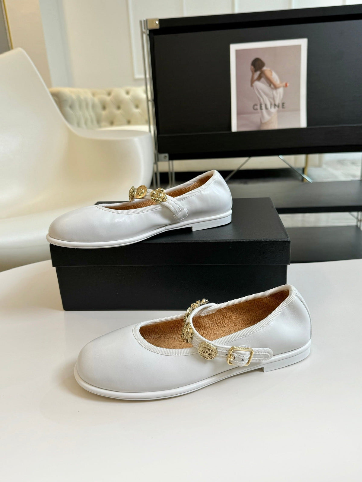 Chanel Mary Jane Shoes White Sheepskin