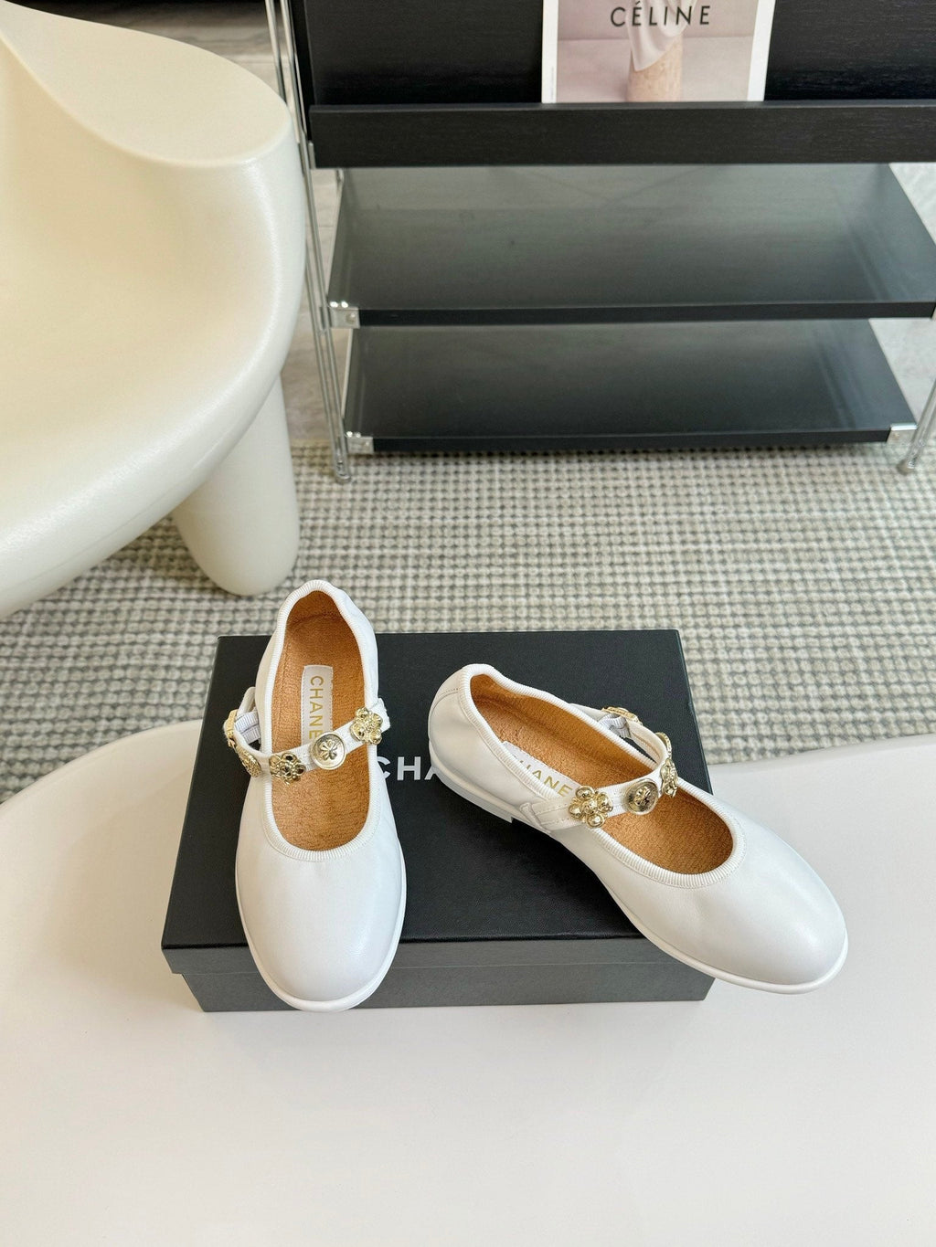 Chanel Mary Jane Shoes White Sheepskin