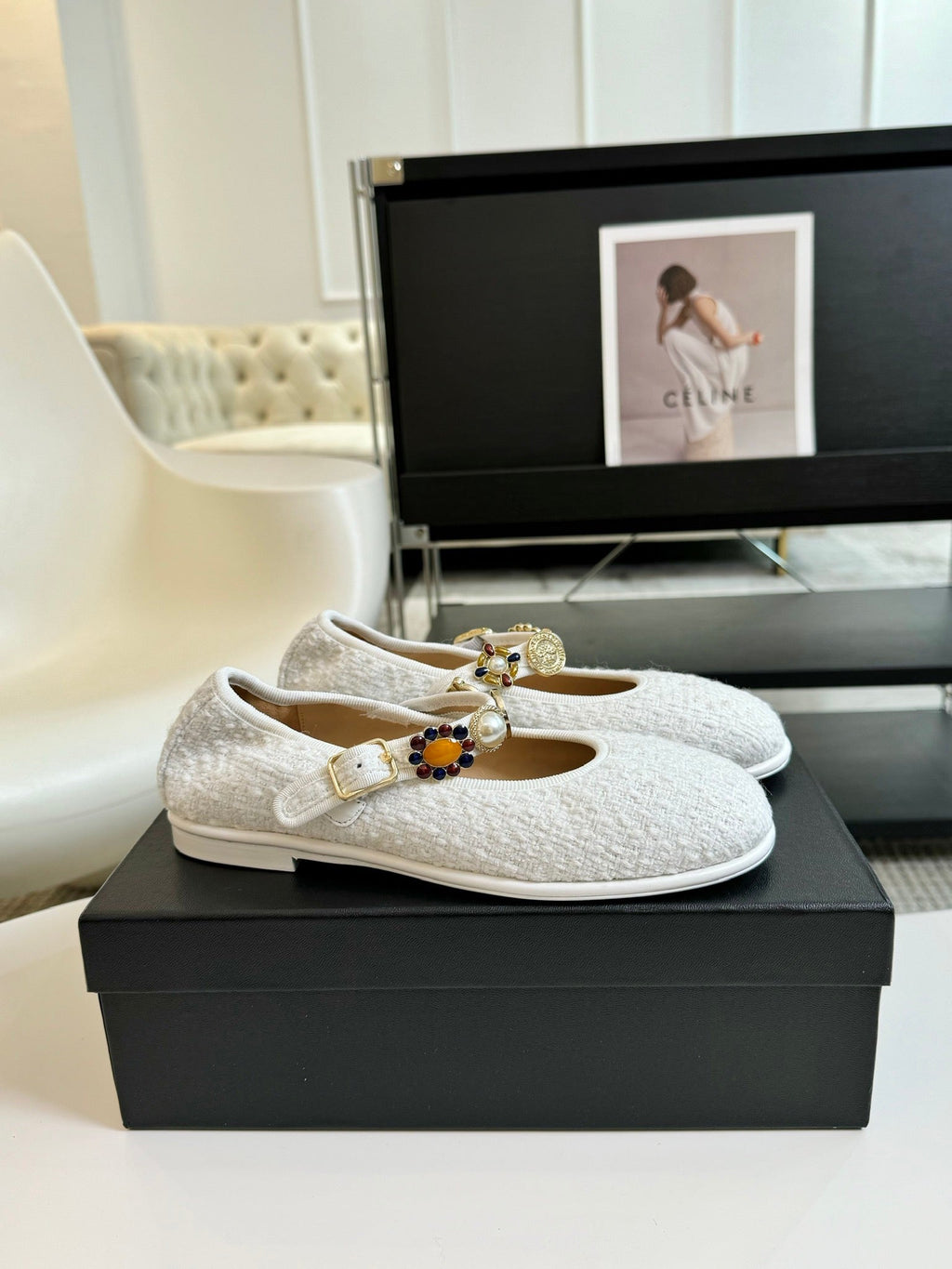 Chanel Mary Jane Shoes White Wool Tweed