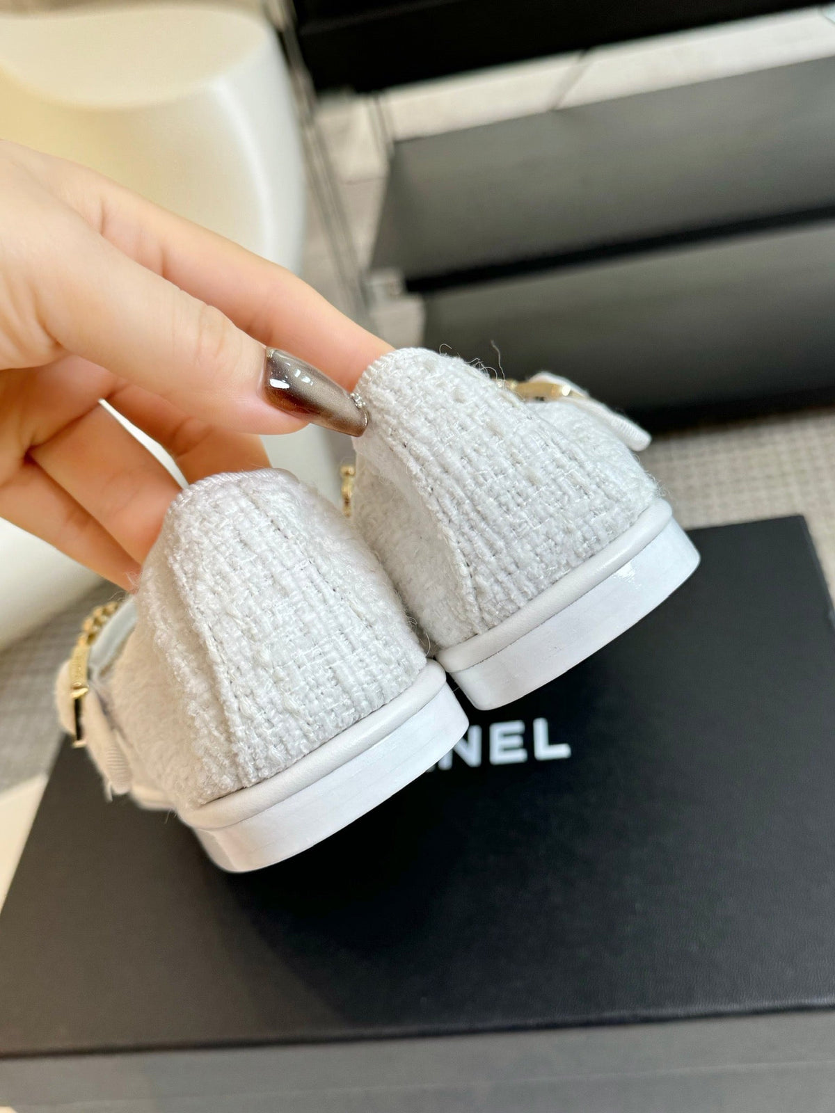 Chanel Mary Jane Shoes White Wool Tweed