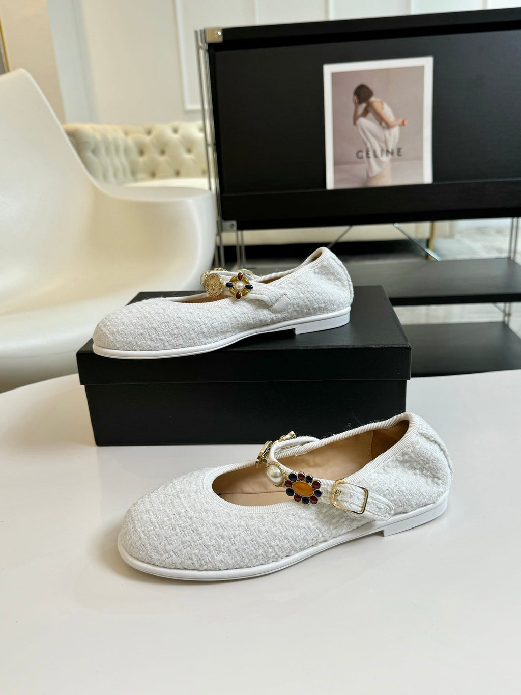Chanel Mary Jane Shoes White Wool Tweed