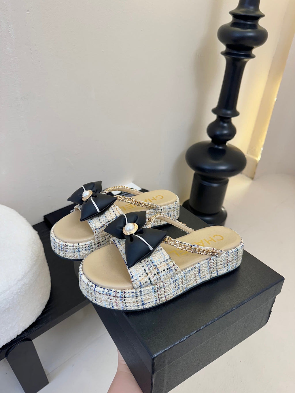 Chanel Platform Flip-Flops in Beige Tweed Fabric
