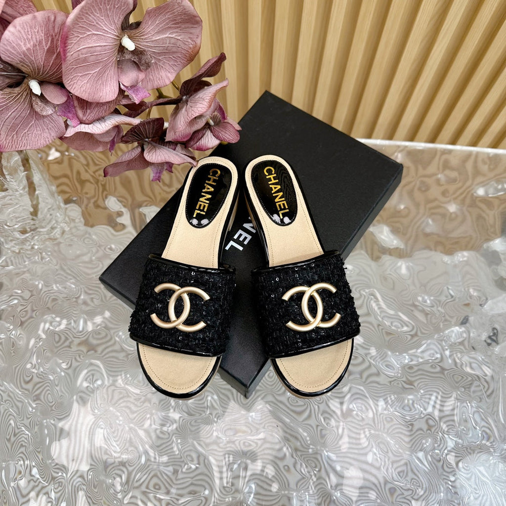 Chanel Platform Slippers in Black Tweed and Lambskin