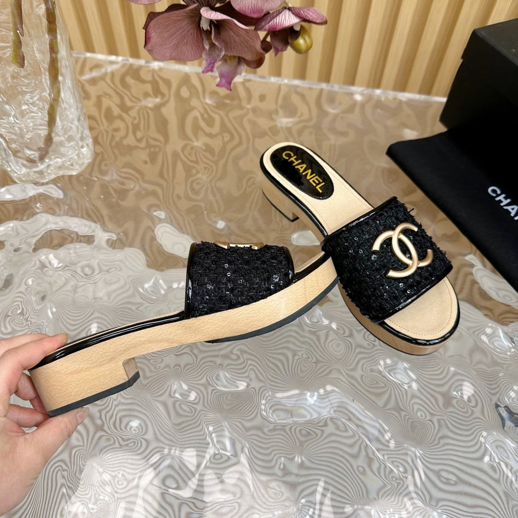 Chanel Platform Slippers in Black Tweed and Lambskin
