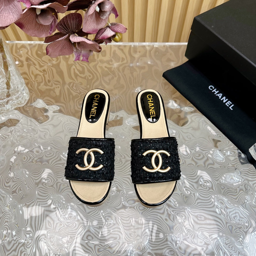 Chanel Platform Slippers in Black Tweed and Lambskin
