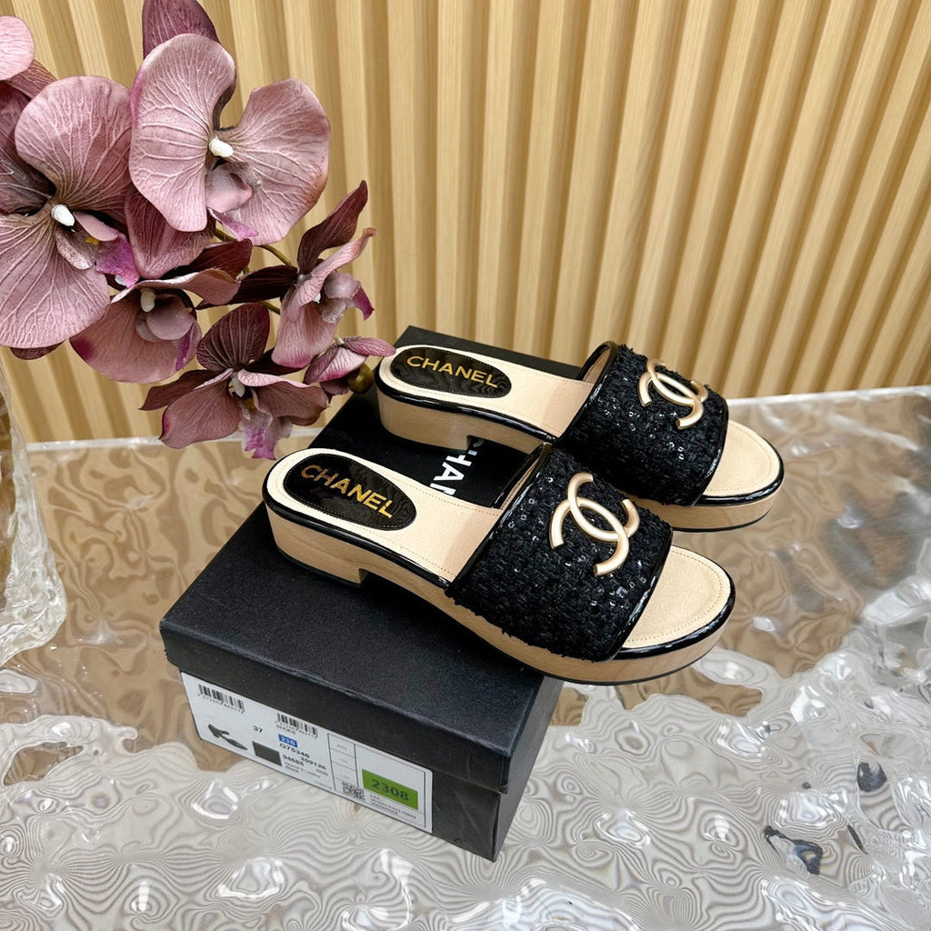 Chanel Platform Slippers in Black Tweed and Lambskin