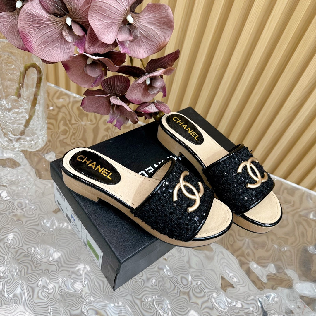 Chanel Platform Slippers in Black Tweed and Lambskin
