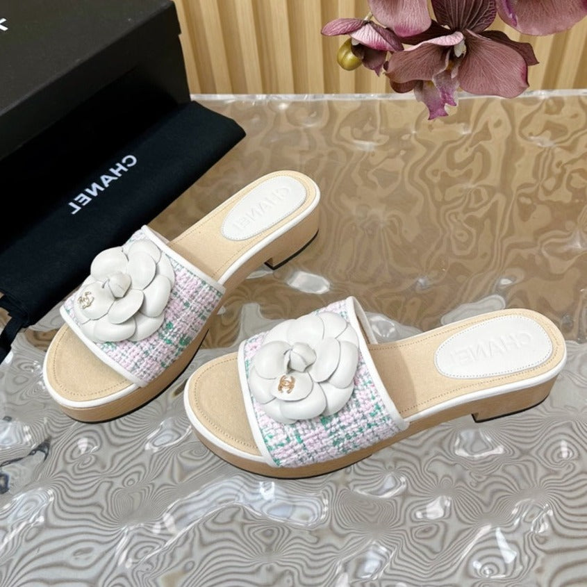 Chanel Platform Slippers with Flower in White Lambskin