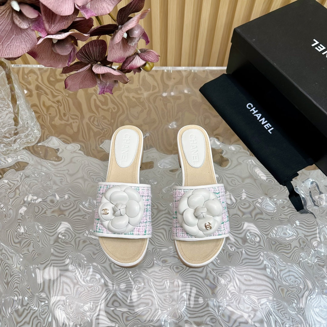 Chanel Platform Slippers with Flower in White Lambskin