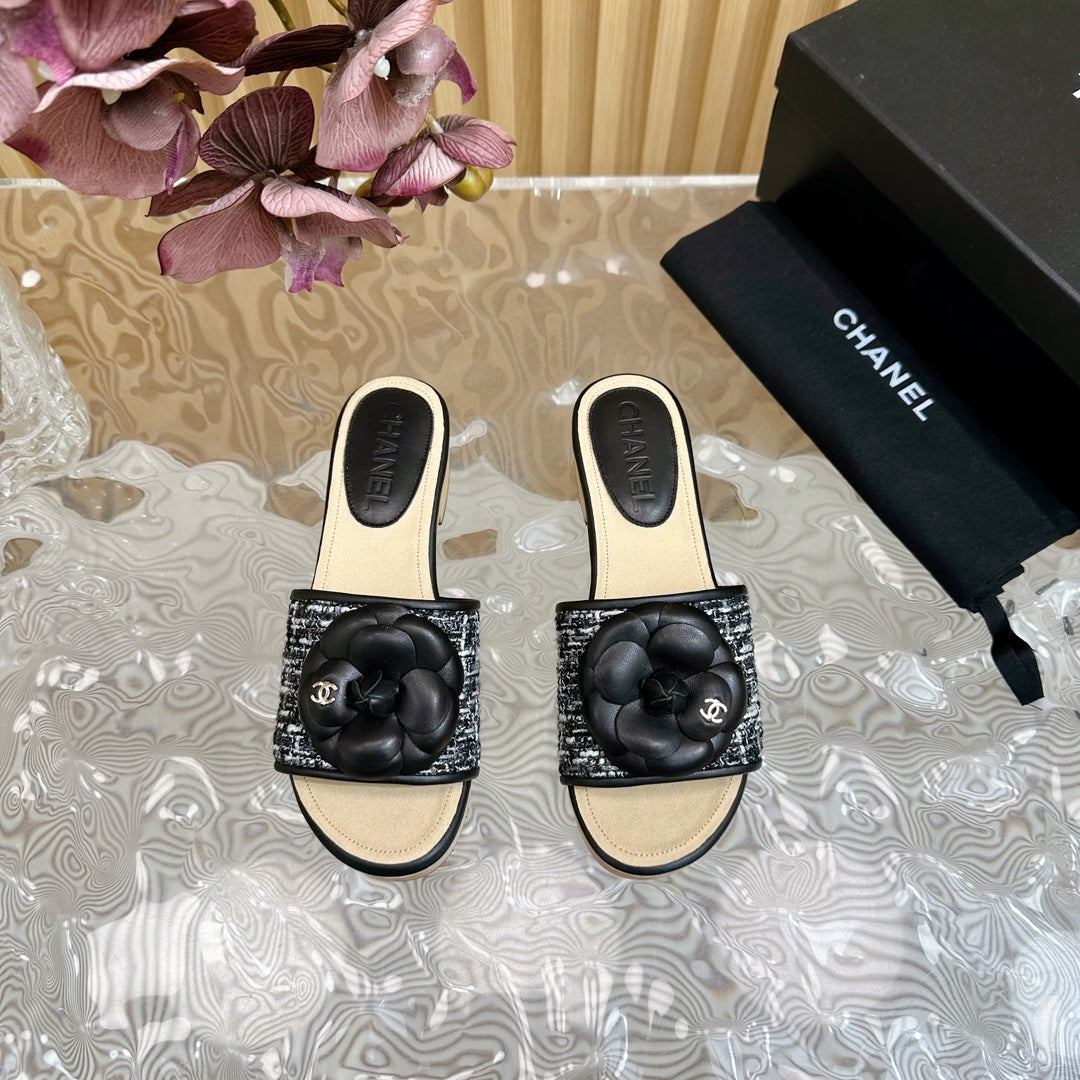 Chanel Platform Slippers with Flower in Black Lambskin