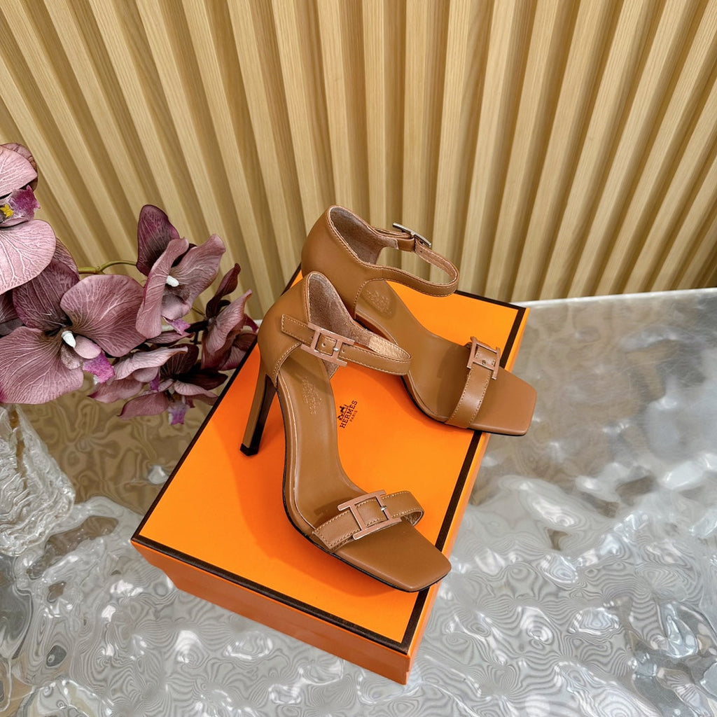Hermes July Sandal 105 mm in Bronze Brown Calfskin