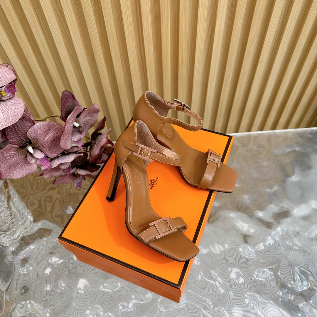 Hermes July Sandal 105 mm in Bronze Brown Calfskin