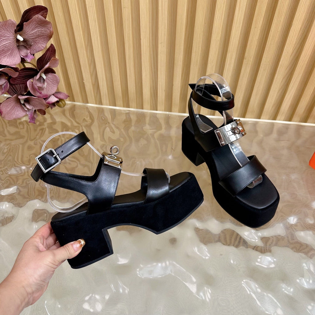 Hermes 25S Classic Wedge Sandals 70 mm in Black Lambskin with Silver Hardware