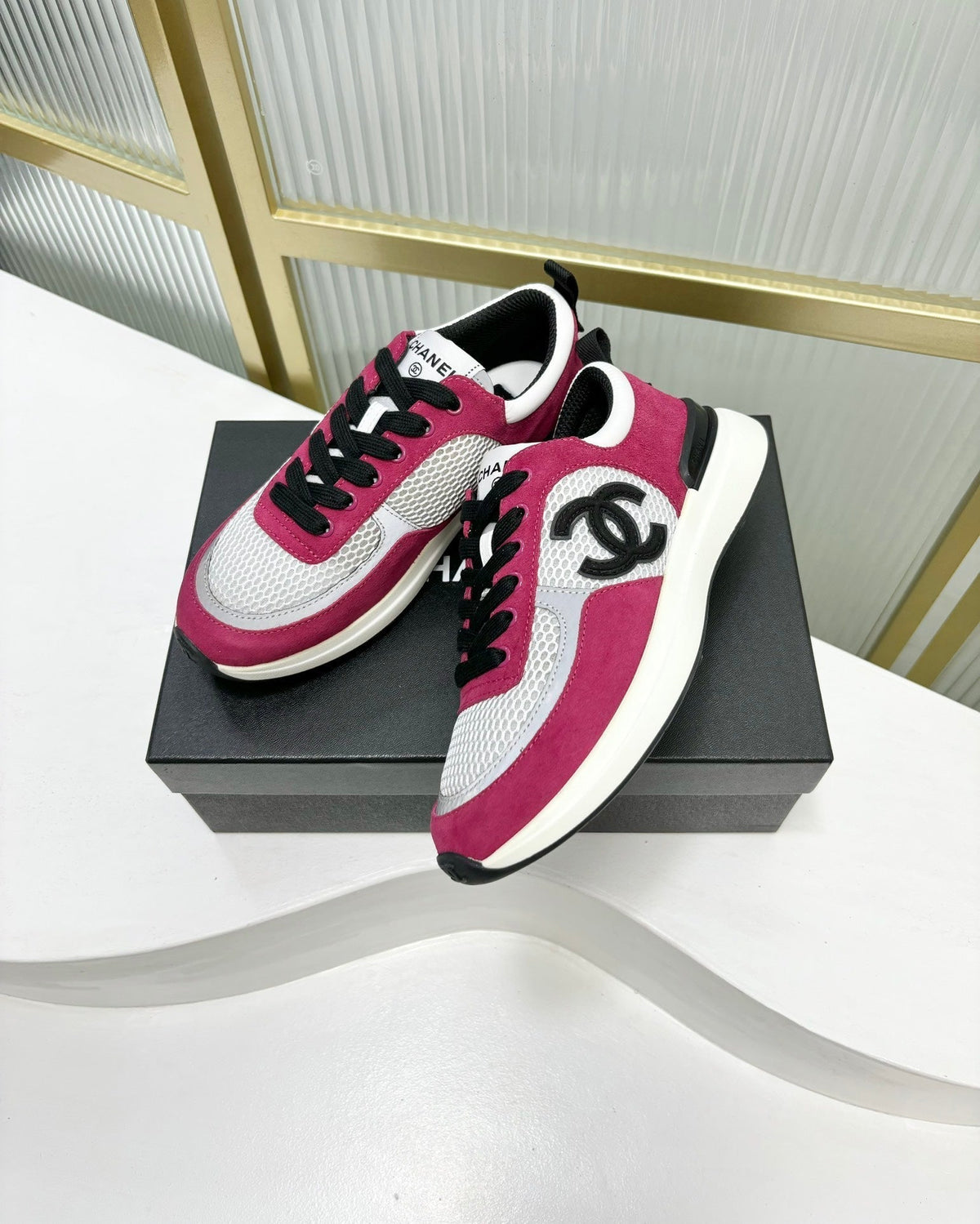 Chanel Sneaker in Barbie Pink Suede and Grey Breathable Mesh