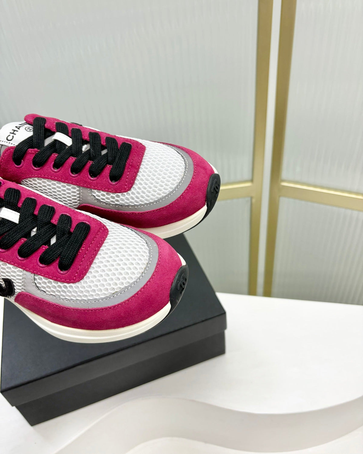 Chanel Sneaker in Barbie Pink Suede and Grey Breathable Mesh