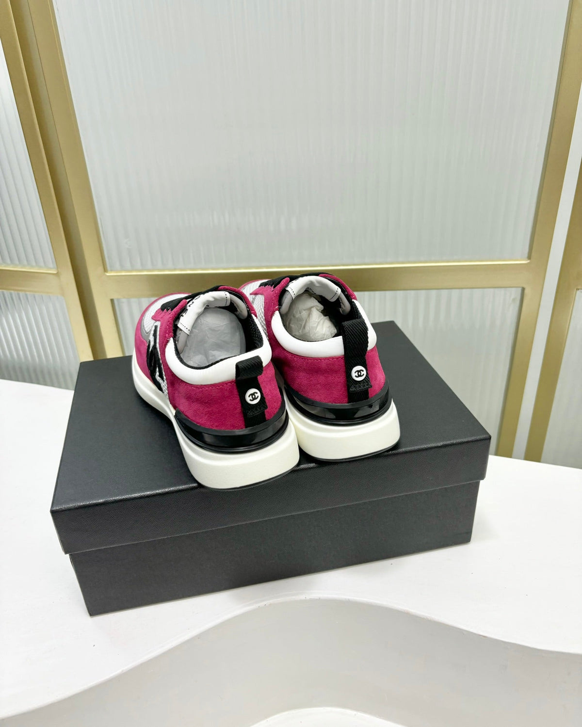 Chanel Sneaker in Barbie Pink Suede and Grey Breathable Mesh