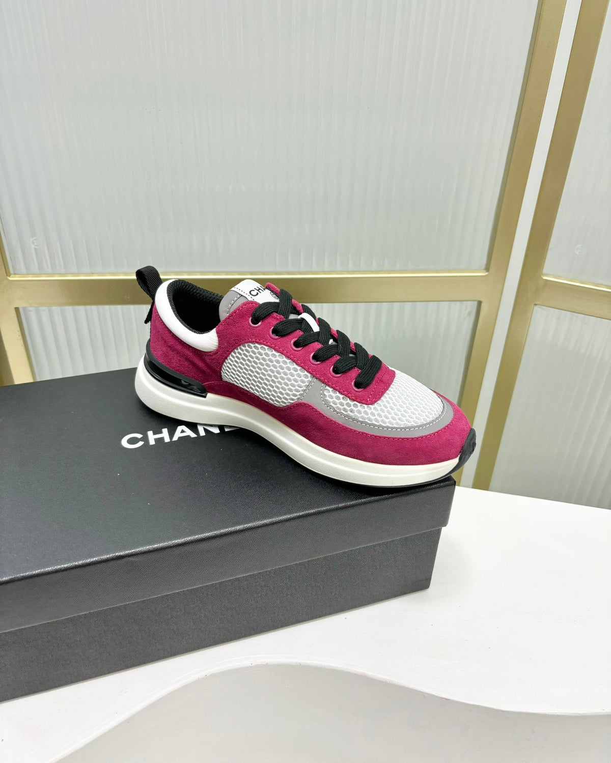 Chanel Sneaker in Barbie Pink Suede and Grey Breathable Mesh