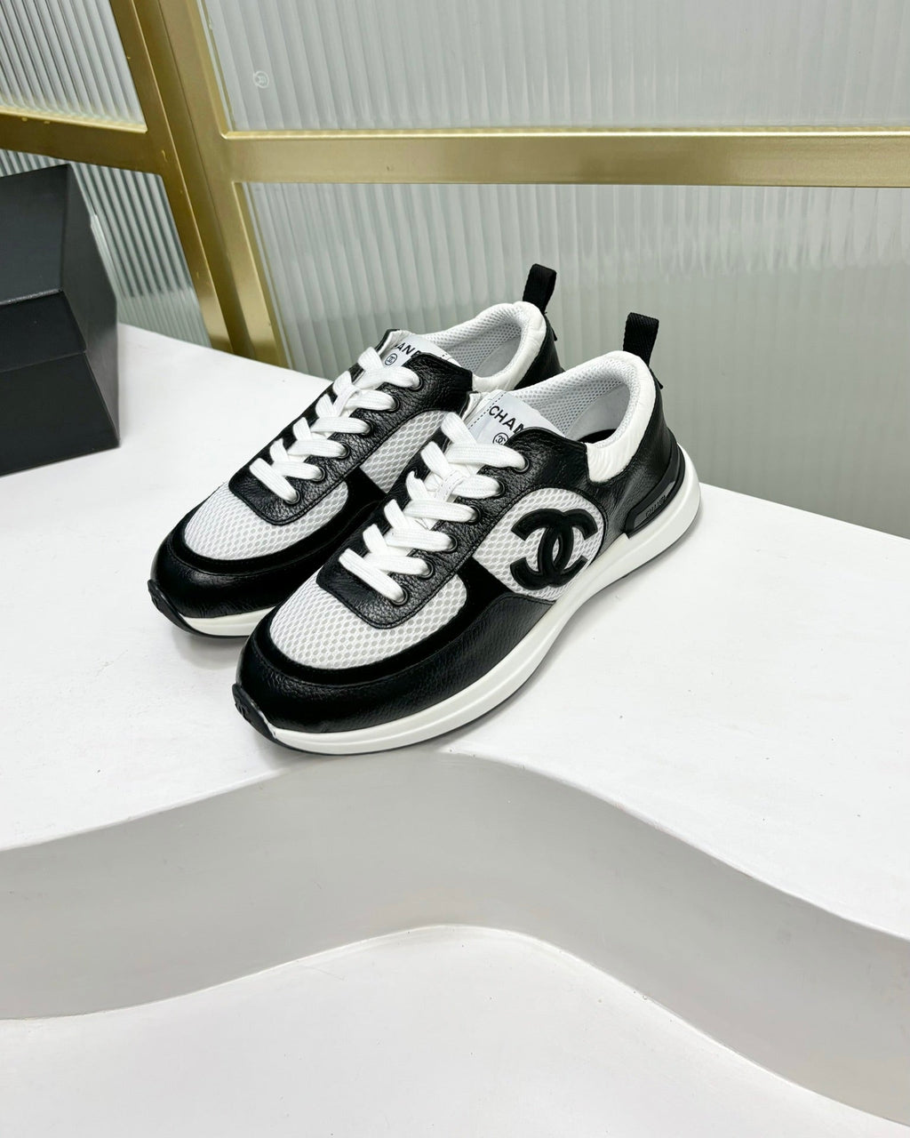 Chanel Sneaker in Black Calfskin and Grey Breathable Mesh