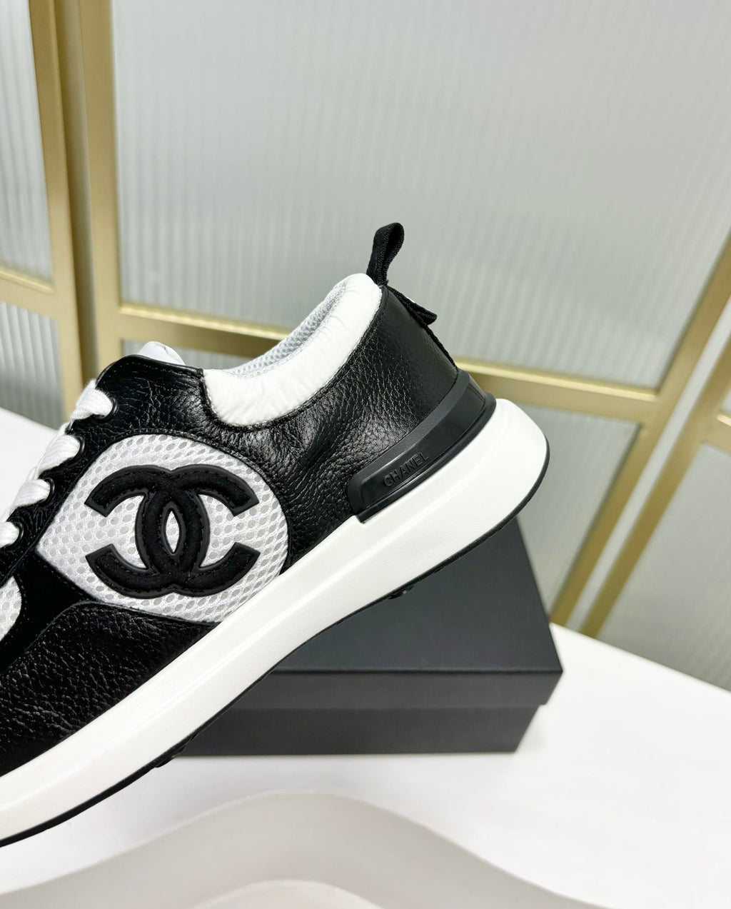 Chanel Sneaker in Black Calfskin and Grey Breathable Mesh